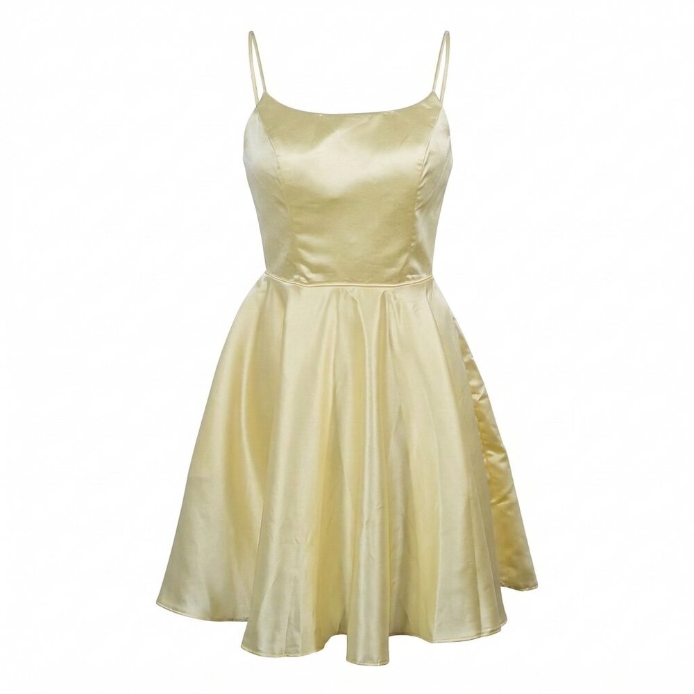 NWT STACEES Scoop Neck Short Satin Homecoming Dress Corset Back Pockets Yellow 4